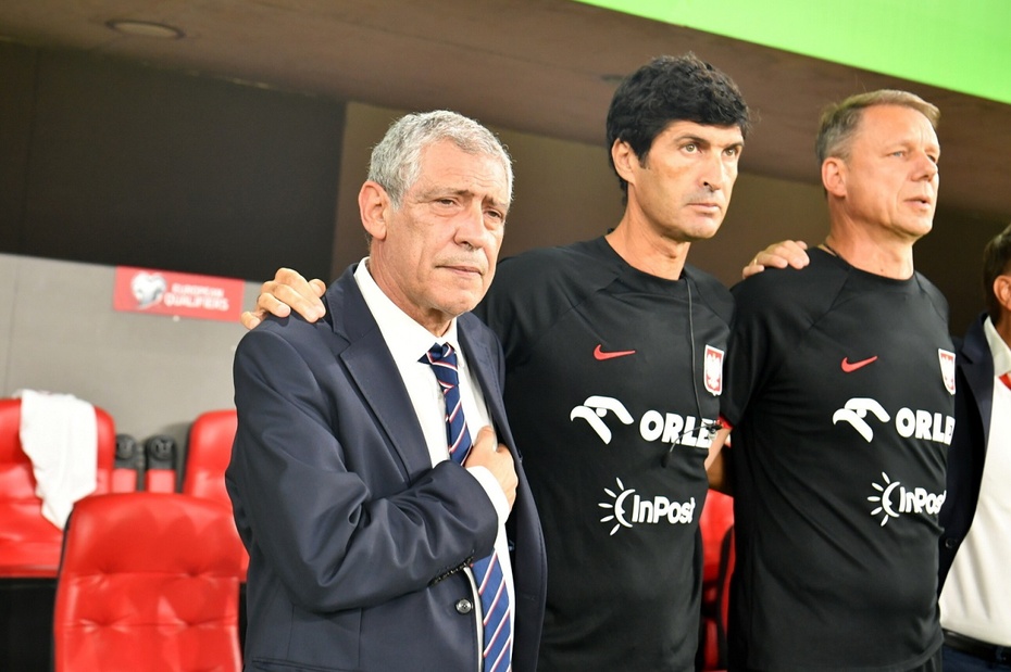 Od lewej: trener reprezentacji Polski Fernando Santos i jego asystenci Joao Costa i Grzegorz Mielcarski. Fot. PAP/Andrzej Lange