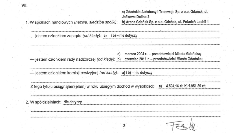 Fragment oświadczenia majątkowego Teresy Blacharskiej. UM Gdańsk