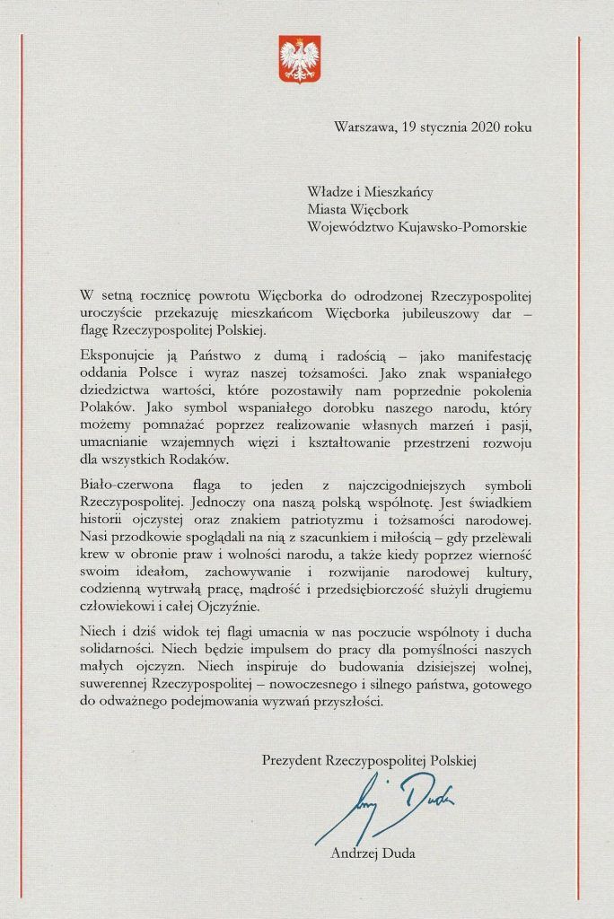 List gratulacyjny od Prezydenta RP na 100 lat odzyskania niepodległości przez Więcbork !