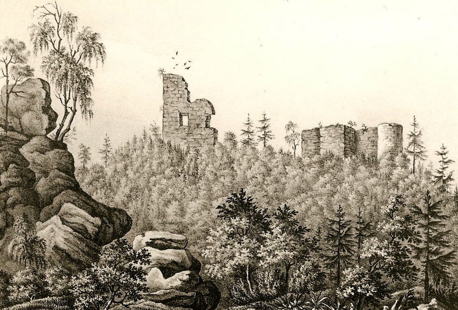Ruiny zamku Karpień, litografia z albumu Otto Pompejusa pt. "Die Grafschaft Glatz", 1862 r., domena publiczna