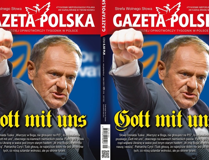 Szokująca okładka "Gazety Polskiej". Tusk z pięścią i dewizą żołnierzy Wehrmachtu