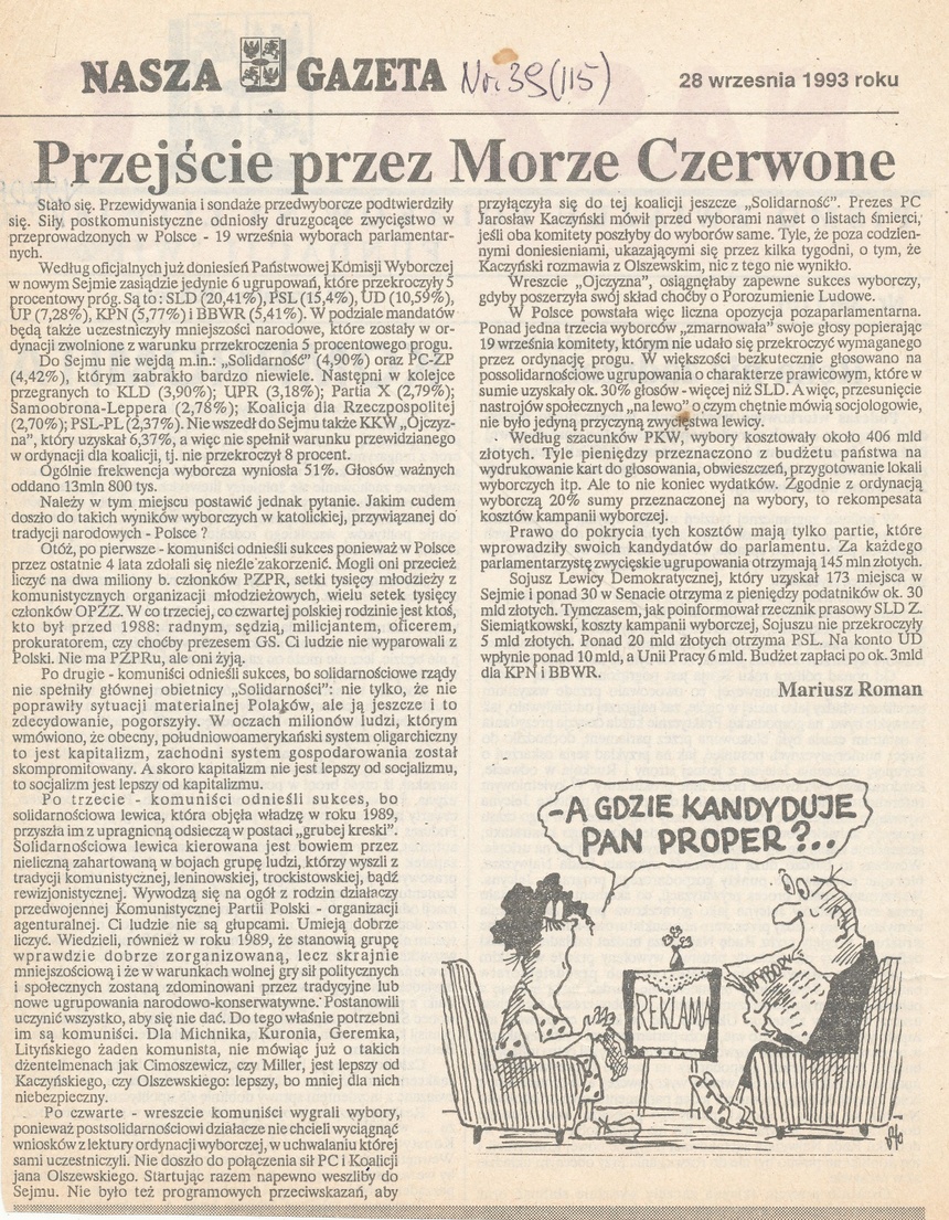 Komentarz powyborczy zamieszczony na łamach „Naszej Gazety” (Wilno), pismo Związku Polaków na Litwie.