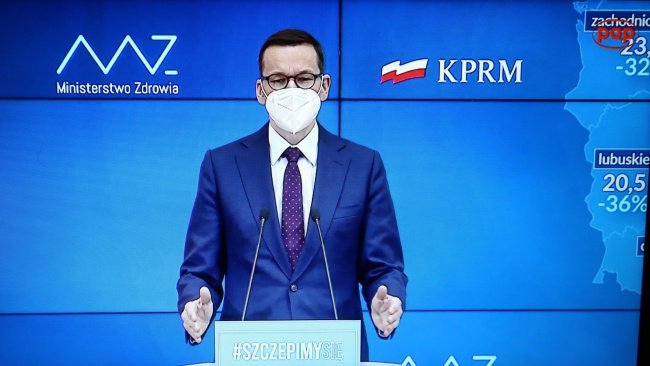 Premier Mateusz Morawiecki podczas konferencji prasowej w KPRM w Warszawie. Fot. PAP/Rafał Guz