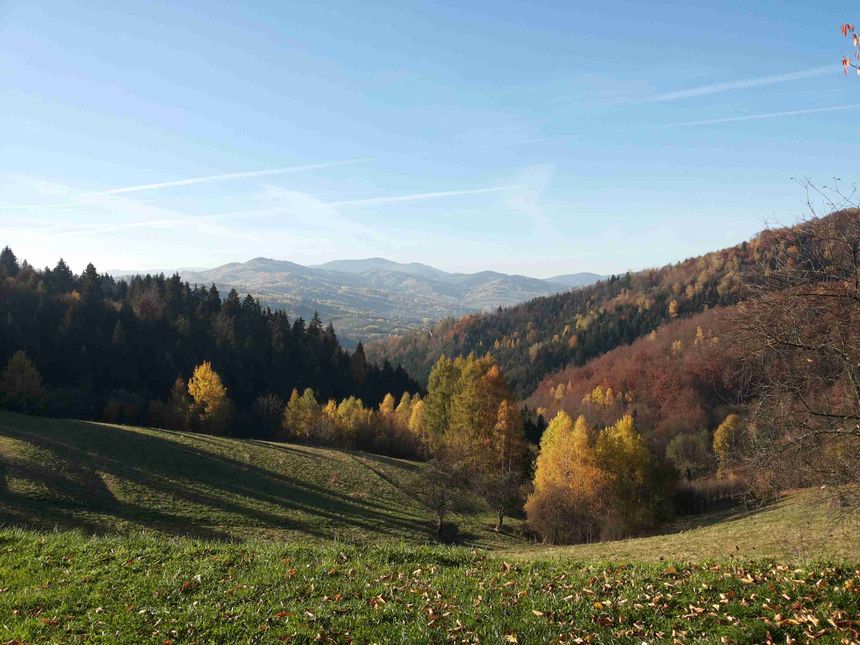 Dolina w długich cieniach, panorama Gorców, z Gorcem i Jaworzyną Kamienicką na dalszym planie.