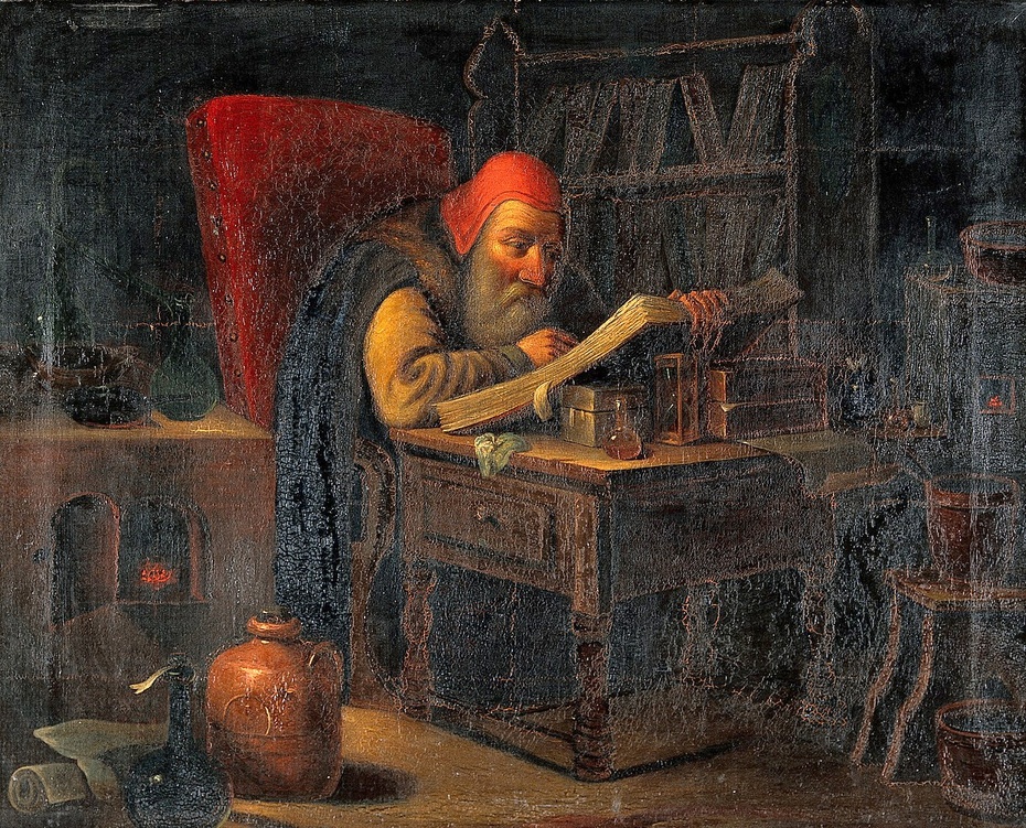 Filozof czyta, olej na płótnie, źródło: https://commons.wikimedia.org/wiki/File:A_philosopher_reading._Oil_painting._Wellcome_V0017680.jpg