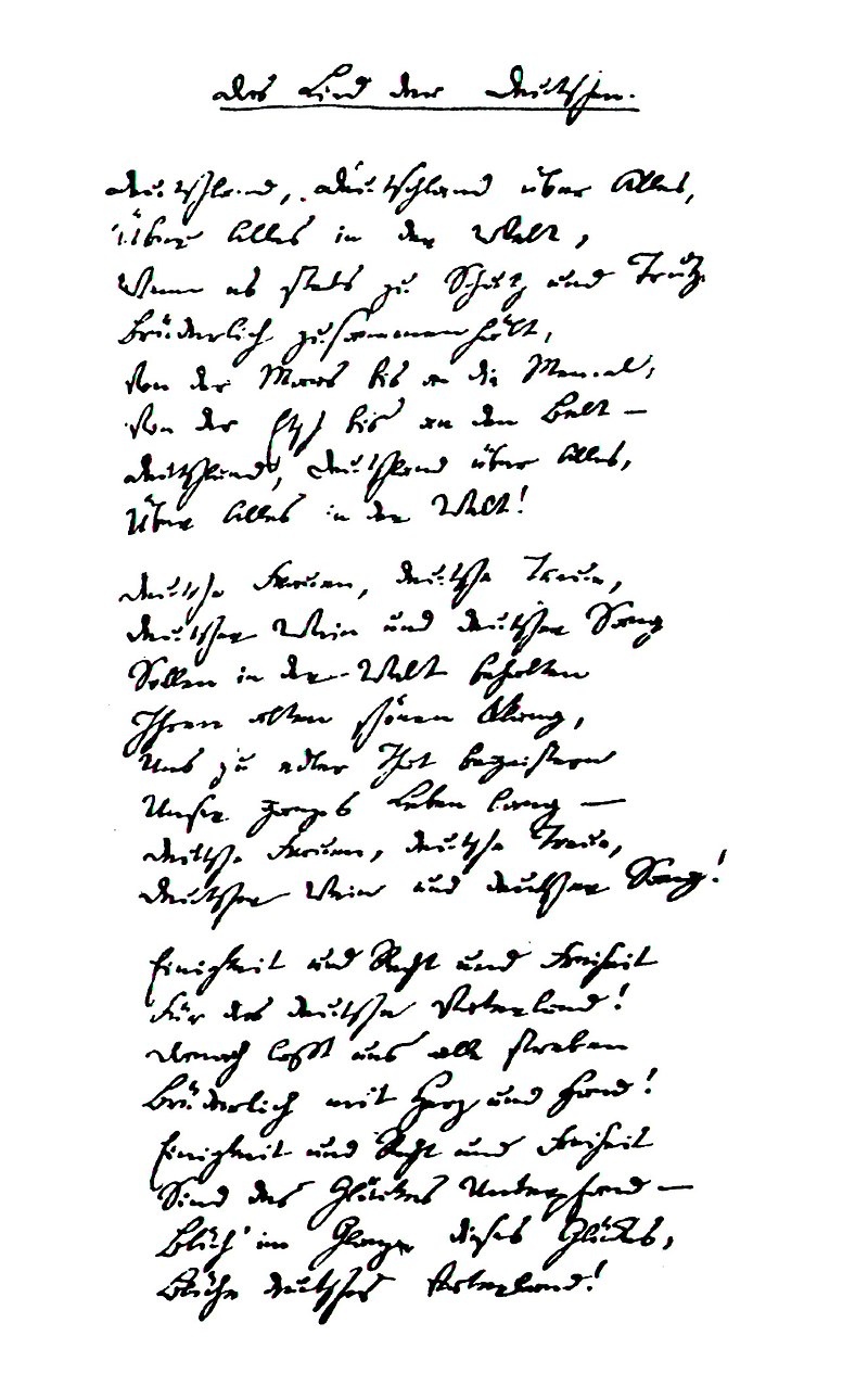 Rękopis Hoffmanna z tekstem pieśni z 1841 napisanym na Helgolandzie. Tekst ten  stał się wiele lat potem niemieckim hymnem. Zdjęcie: Wikipedia