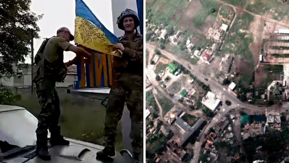 W sieci pojawiło się nagranie pokazujące żołnierzy wieszających ukraińską flagę przy wjeździe do miasta. Fot. Twitter