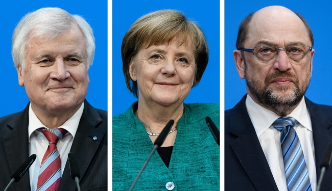 Od lewej: Horst Seehofer (CSU), Angela Merkel (CDU), Martin Schulz (SPD). Fot. PAP/EPA