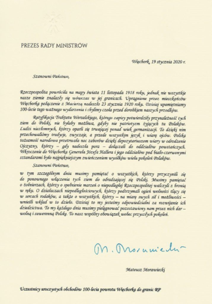 List Prezesa Rady Ministrów Pana Mateusza Morawieckiegona 100 lat niepodległości Więcborka