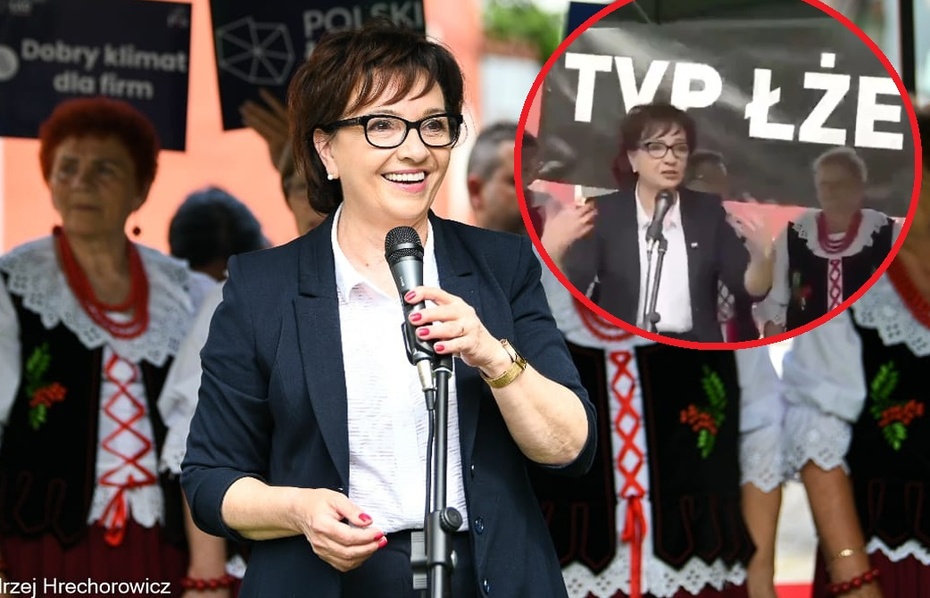 Elżbieta Witek skandowała "konstytucja". Na scenie transparent przeciw TVP. Fot. Twitter
