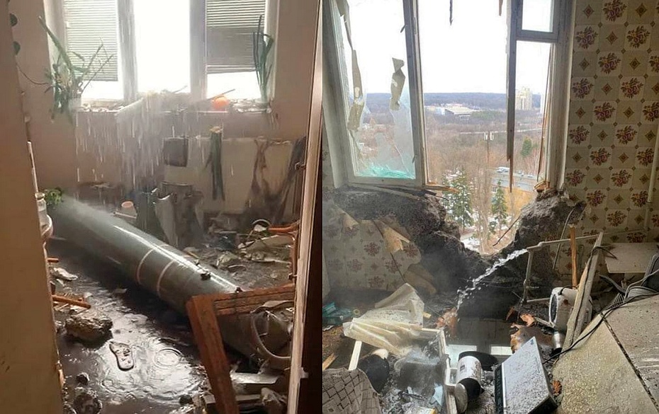 Rakieta Grad w zbombardowanym mieszkaniu, fot. Twitter