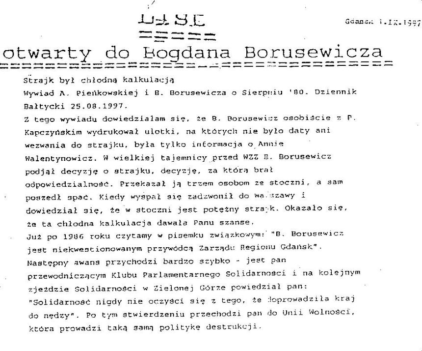 List otwarty Anny Walentynowicz do Bogdana Borusewicza /aktualnie marszalka Senatu z PO/ z 01-09-1997