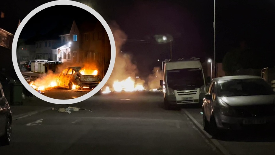 Spalone auto na ulicy w Cardiff, fot. Twitter/screenshot