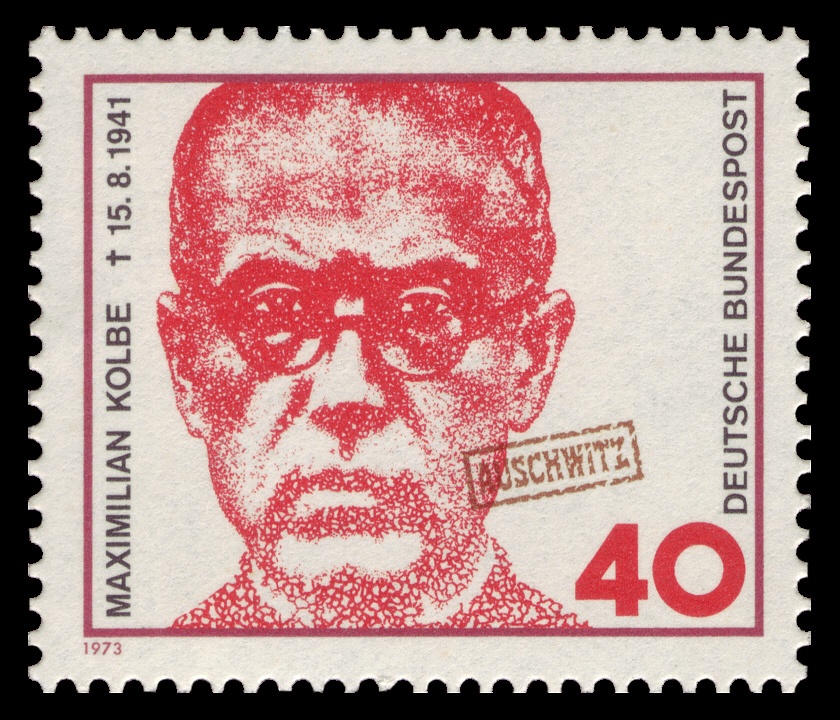 Wikipedia -  Maximilian Kolbe, on a West German postage stamp, marked Auschwitz