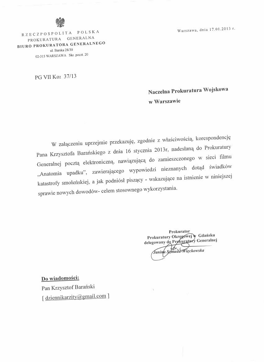 pismo z Prokuratury w odpowiedzi na korespondencje