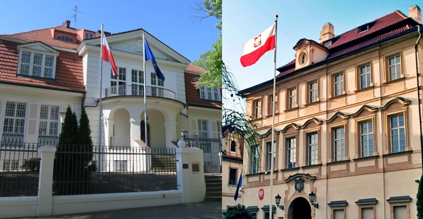 Z lewej budynek ambasady Polski w Berlinie, z prawej w Pradze.