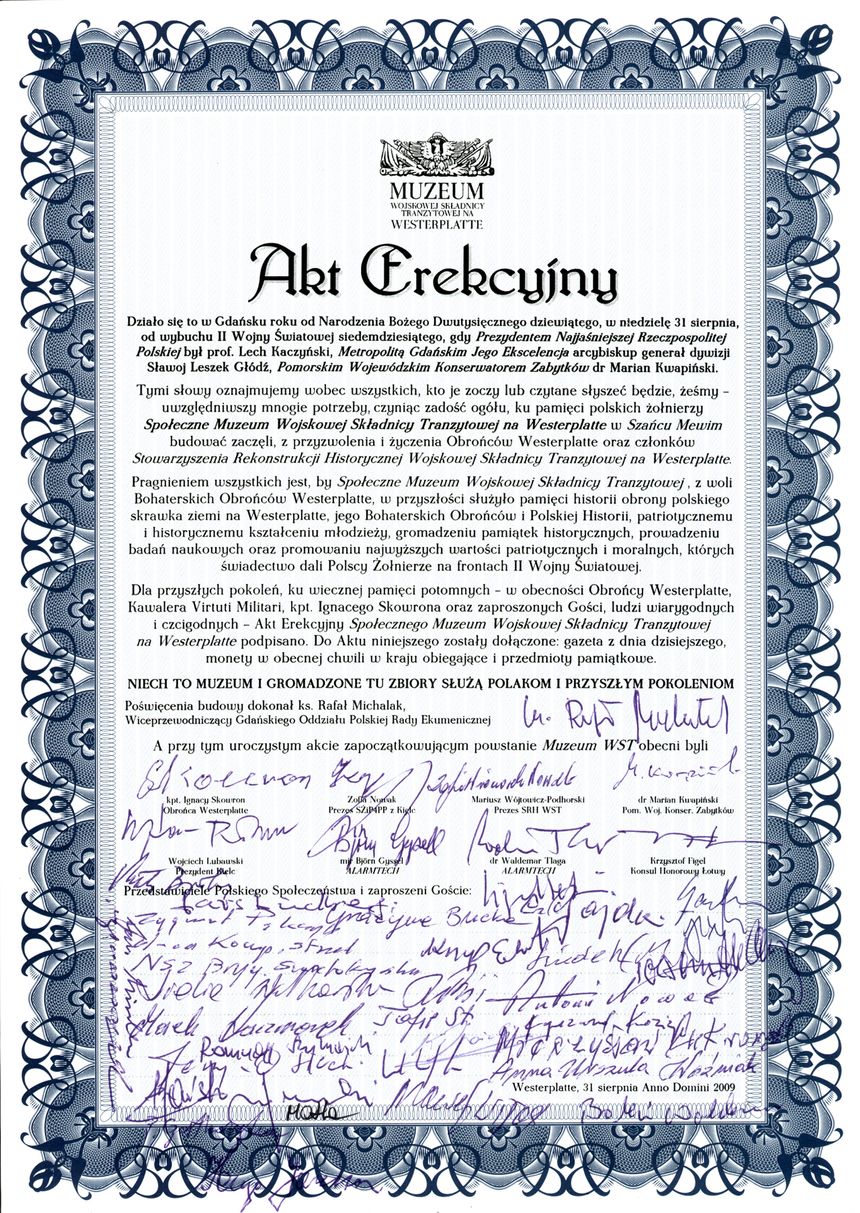 Akt erekcyjny Muzeum Westerplatte podpisany m.in. przez mjr. Ignacego Skowrona oraz weteranów II w.ś.