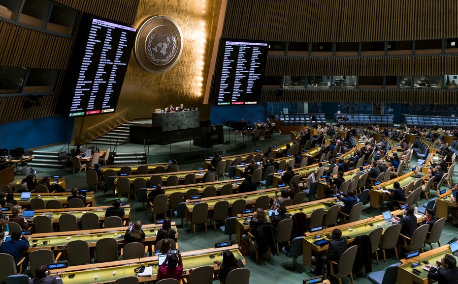 ONZ przyjęło rezolucję w sprawie reparacji od Rosji dla Ukrainy. fot. PAP/EPA/JUSTIN LANE