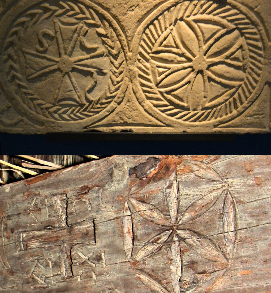 Na dole: Rozeta i krzyż, skansen w Sanoku, chałupa z 1681 roku. U góry: "Stella wizygocka" z VII wieku z krzyżem i „góralską rozetą” z Muzeum w Alicante w Hiszpanii. Wikipedia, Domena Publiczna