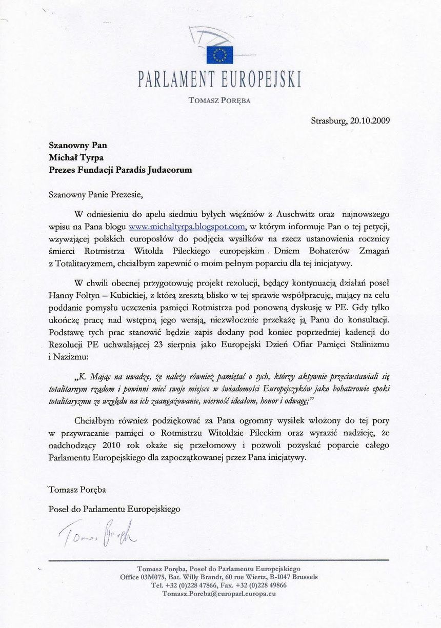 List europosła Poręby z 20.X.2009 (w lepszej rozdzielczości - vide link w tekście)