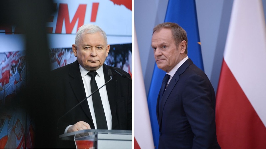 Jarosław Kaczyński (L), Donald Tusk (P). Fot. PAP/Piotr Nowak / PAP/Marcin Obara / Canva