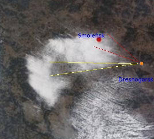 Fot. 6: Zdjęcie satelitarne z 10 kwietnia: dwie grupy chmur, Desnogorsk i kierunek wiatru 9.04 (żólte) i 10.04 (czerwone).