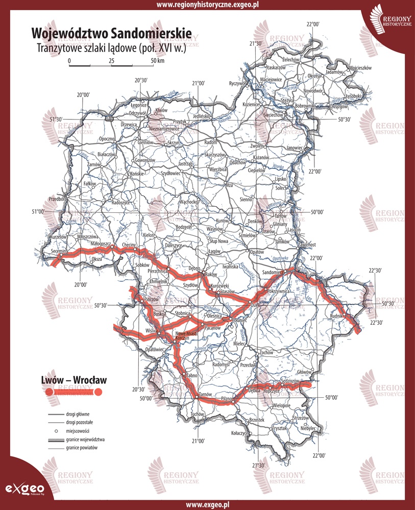 Województwo sandomierskie – tranzytowe szlaki lądowe w poł. XVI wieku [+MAPA]