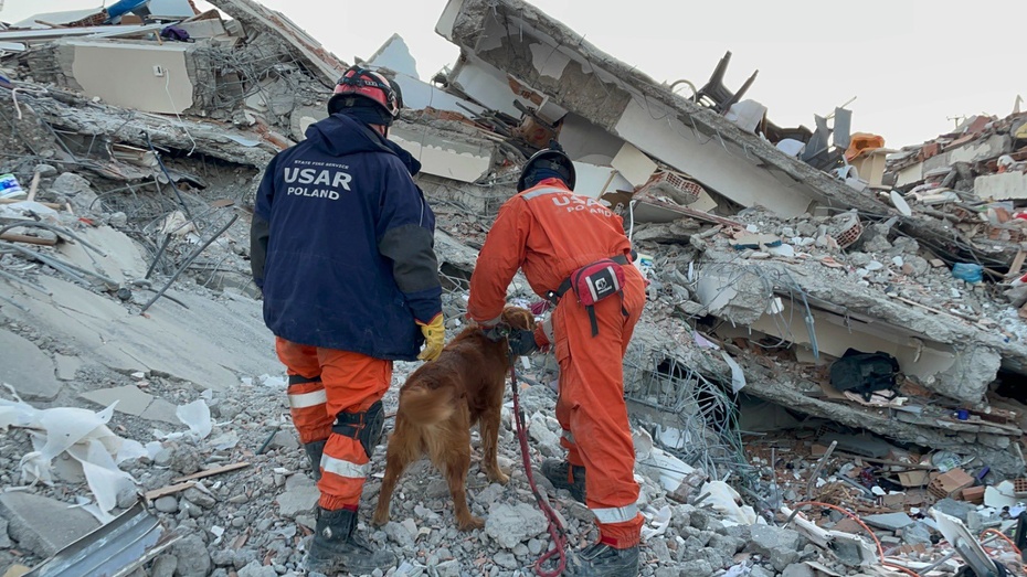 Polscy ratownicy z psem na gruzach w Besni, fot. Twitter/gen. Andrzej Bartkowiak
