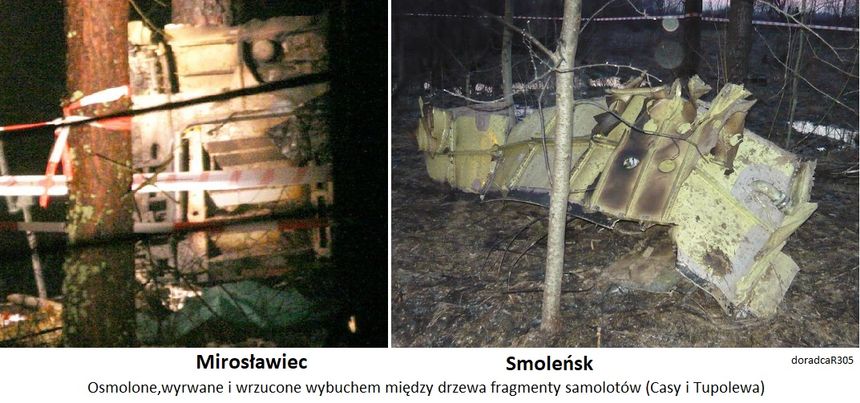Rys.1 Mirosławiec-Smoleńsk ślady ewidentnych wybuchów we wnętrzu samolotów