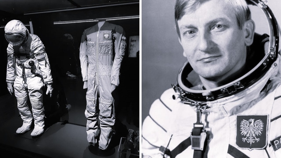 Mirosław Hermaszewski. Po lewej jego kombinezon kosmiczny. Fot. Samotny Wędrowiec/CC BY-SA 4.0 / Canva