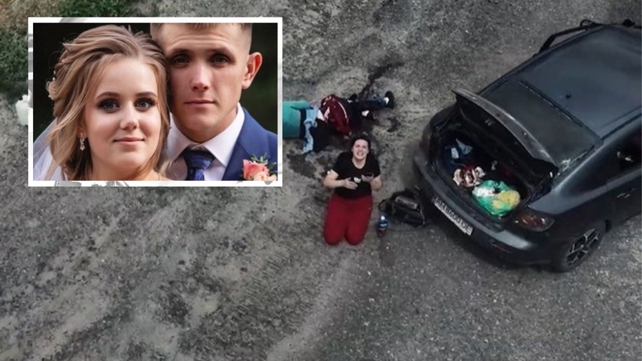 Główne zdjęcie: ukraińskie małżeństwo pod rosyjskim ostrzałem. Zdjęcie w lewym górnym rogu: rosyjski żołnierz Klim Kierżajew z żoną. Fot. Twitter/Canva