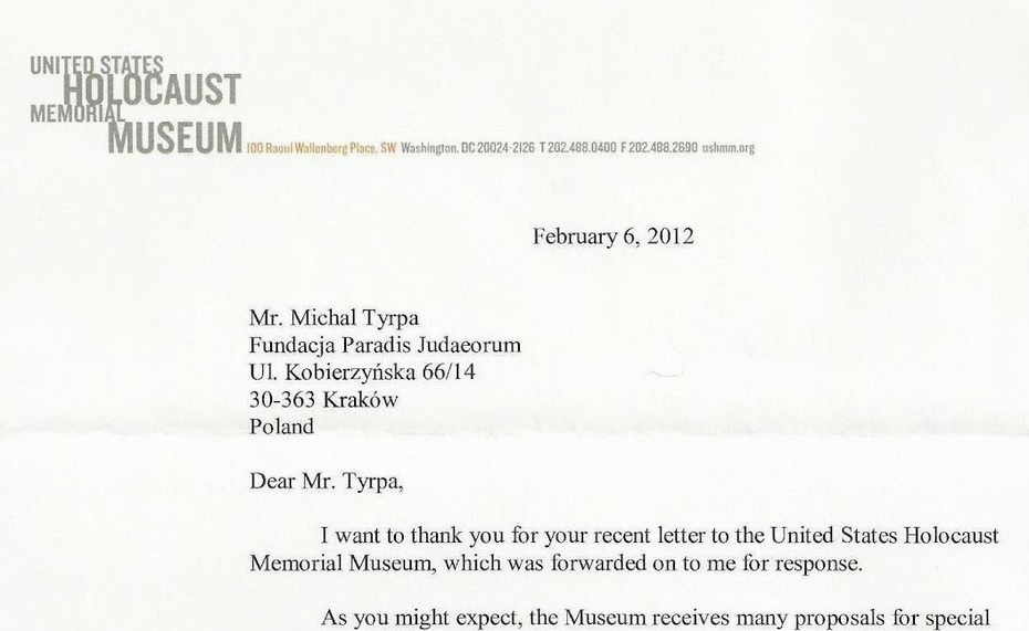 Nagłówek odpowiedzi Muzeum Holokaustu z 6.II.2012