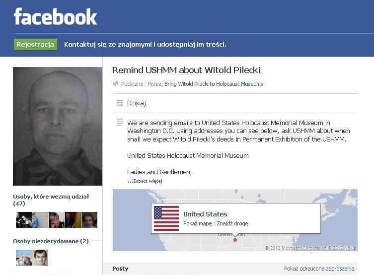 Facebookowe wydarzenie "Remind USHMM about Witold Pilecki"
