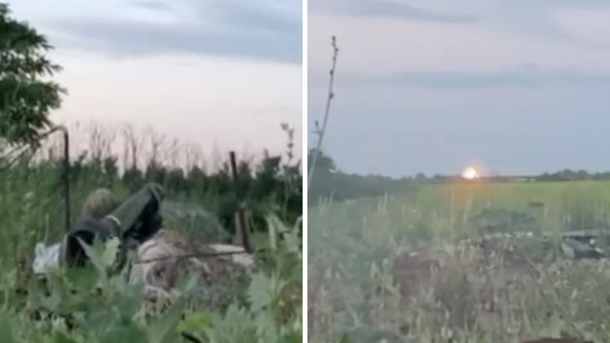 Żołnierz ukraińskich Sił Zbrojnych zestrzelił za pomocą wyrzutni rakiet Javelin rosyjski pojazd oddalony o kilkadziesiąt kilometrów. (fot. Twitter)