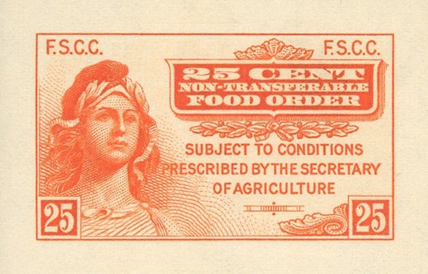 Jeden z pierwszych bonów żywnościowych wydanych w USA w 1939 roku (reprodukcja dostępna w domenie publicznej, źródło: Wikimedia Commons)