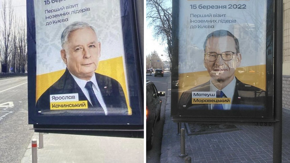 Na ulicach Kijowa pojawiły się billboardy upamiętniające pierwszą po wybuchu wojny na Ukrainie wizytę zagranicznych liderów. (fot. Twitter)