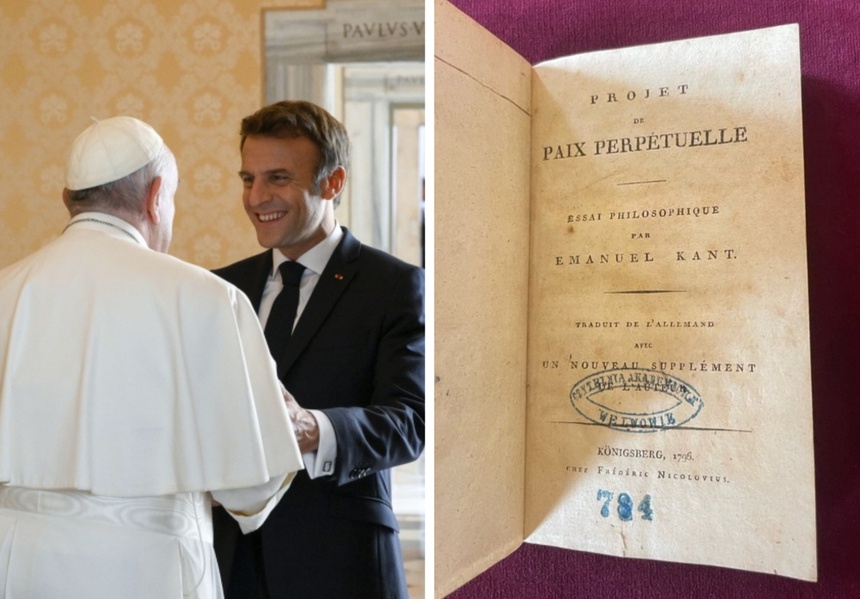 Emmanuel Macron wręczył papieżowi Franciszkowi z pieczątką "Czytelnia Akademicka we Lwowie". Fot. PAP/EPA/Vatican News