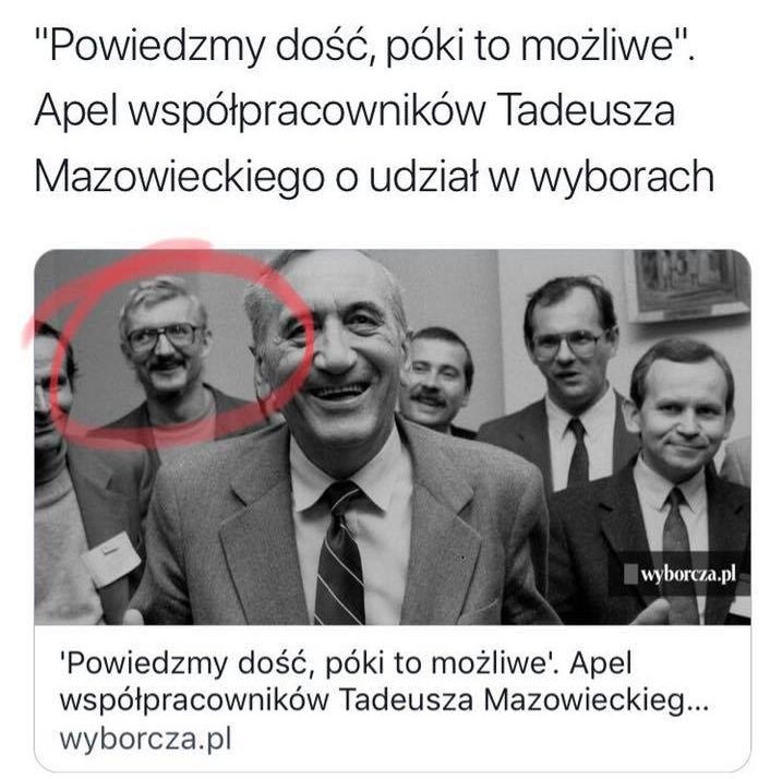 Screen z tekstu internetowej "Gazety Wyborczej". Na fotografii Tadeusz Mazowiecki i Lesław Maleszka (w kółku).
