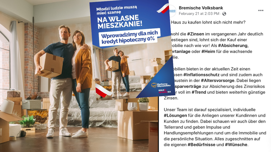 Platforma Obywatelska do promowania kredytu 0 proc. na pierwsze mieszkanie do 45. roku życia wykorzystało to samo zdjęcie, co jeden z niemieckich banków. (fot. Facebook, Twitter)