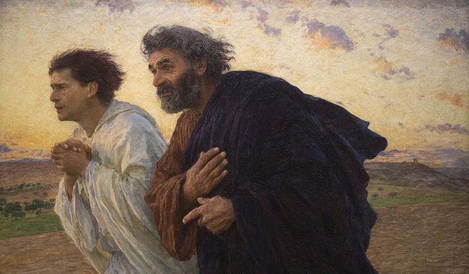 Eugène Burnand, "Uczniowie Piotr i Jan biegną do grobu w poranek zmartwychwstania", 1898 r. (obraz w domenie publicznej)