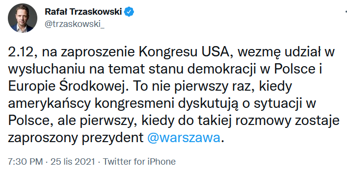 Kongres USA zaprosił prezydenta Warszawy