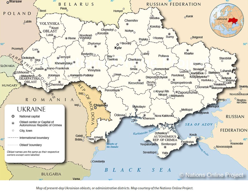 Map of present-day Ukrainian oblasts, or administrative districts. Map courtesy of the Nations Online Project.
