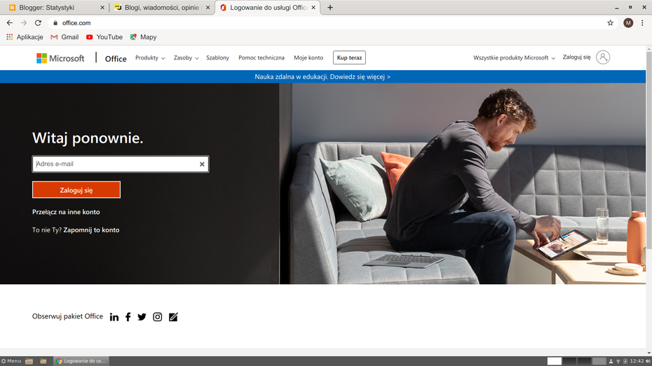 office.com w przeglądarce Google Chrome na komputerze z Linux Debian 10.6 Buster
