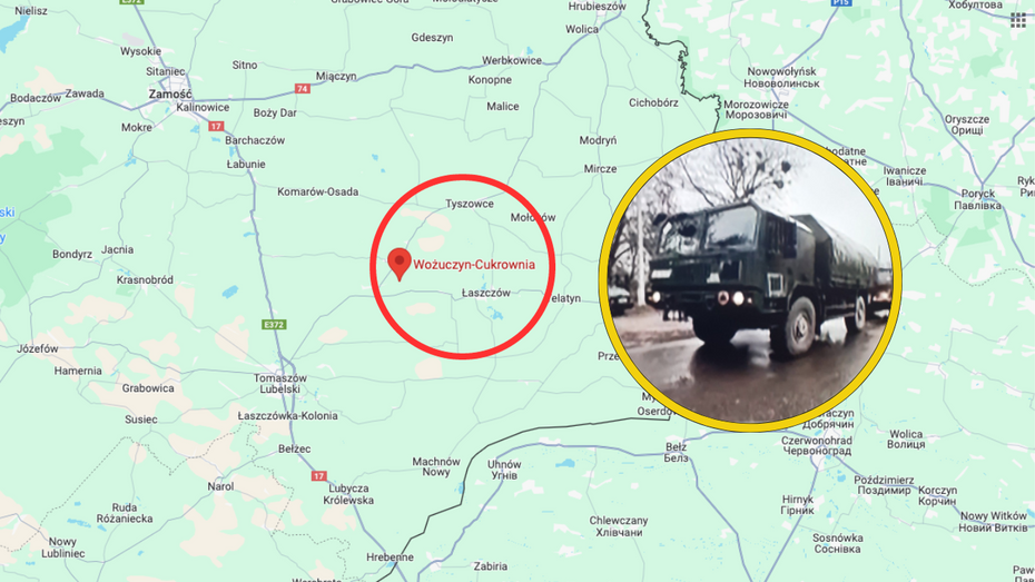 Rakieta spadała w nieopodal Wożuczyna-Cukrownia. Fot. Google Maps, TV Republika