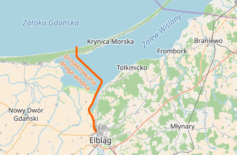 Wikipedia: Kanał przez Mierzeję Wiślaną - Przebieg projektowanej drogi wodnej łączącej Elbląg z Zatoką Gdańską