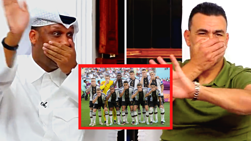Katarscy eksperci żartują z gestu reprezentacji Niemiec. Źródło: Twitter/@Qattar_Affairs, PAP/EPA
