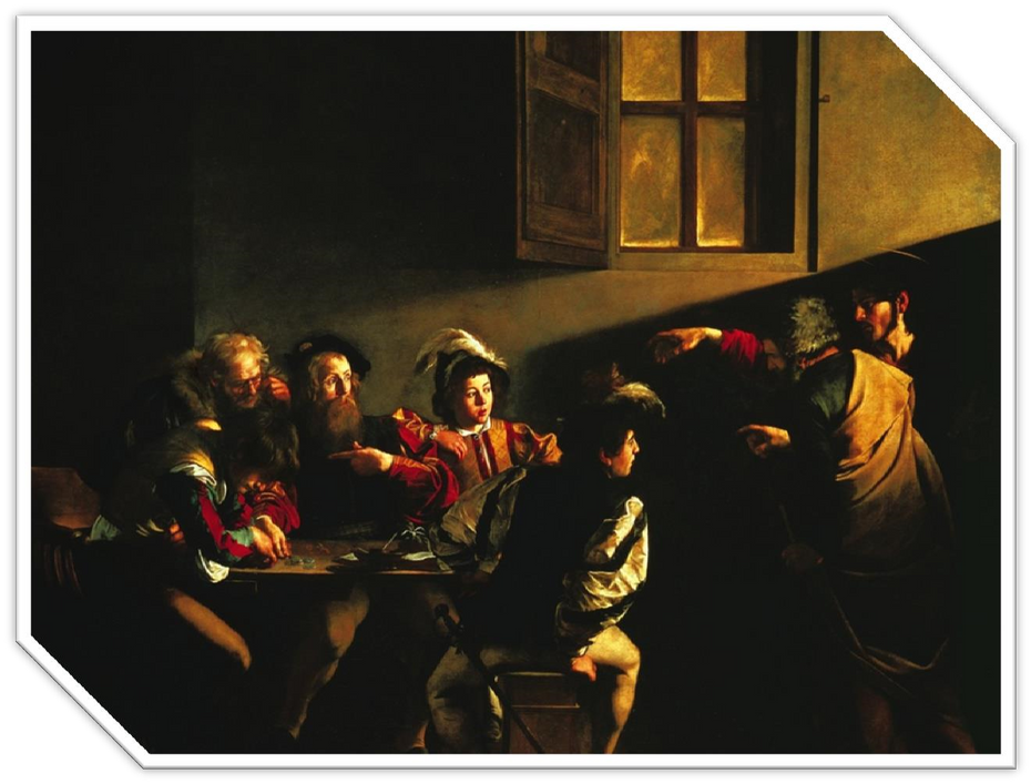Caravaggio: Powołanie św. Mateusza, olej na płótnie, kaplica Contarellich, kościół św. Ludwika Francuskiego  – Rzym.