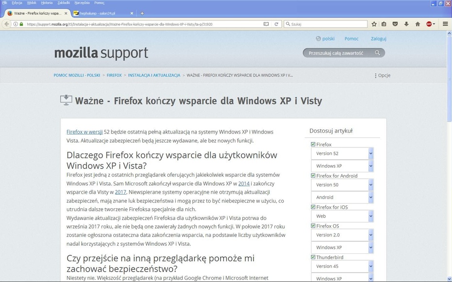 Firefox - komunikat o zakończeniu wsparcia dla Windows XP i Vista