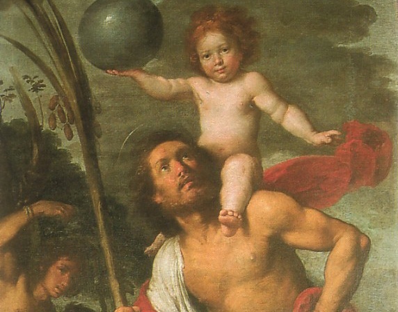 Święty Krzysztof przedstawiany jest z dzieckiem.