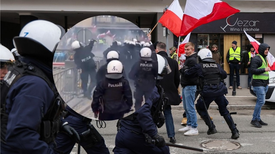 Policjant rzucał czymś w protestujących. Fot. PAP/Paweł Supernak / X/Bambo